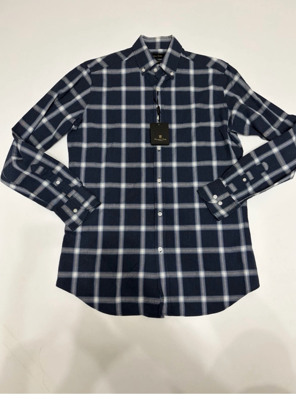 Massimo Dutti Navy & White Windowpane Plaid Button-Down Shirt Sz S office casual